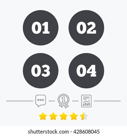 Step one, two, three and four icons. Sequence of options symbols. Loading process signs. Chat, award medal and report linear icons. Star vote ranking. Vector