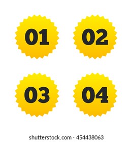 Step one, two, three and four icons. Sequence of options symbols. Loading process signs. Yellow stars labels with flat icons. Vector