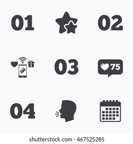Step one, two, three and four icons. Sequence of options symbols. Loading process signs. Flat talking head, calendar icons. Stars, like counter icons. Vector