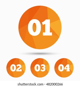 Step one, two, three and four icons. Sequence of options symbols. Loading process signs. Triangular low poly buttons with shadow. Vector