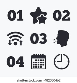 Step one, two, three and four icons. Sequence of options symbols. Loading process signs. Wifi internet, favorite stars, calendar and clock. Talking head. Vector