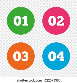 Step one, two, three and four icons. Sequence of options symbols. Loading process signs. Round buttons on transparent background. Vector