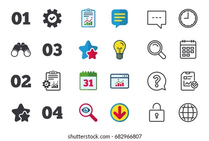Step one, two, three and four icons. Sequence of options symbols. Loading process signs. Chat, Report and Calendar signs. Stars, Statistics and Download icons. Question, Clock and Globe. Vector