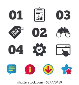 Step one, two, three and four icons. Sequence of options symbols. Loading process signs. Browser window, Report and Service signs. Binoculars, Information and Download icons. Stars and Chat. Vector