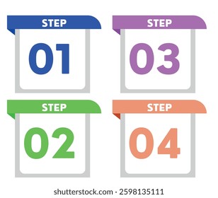 Step One, Two, Three progress buttons.Set of colored tape of progress steps.