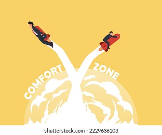 Step out of comfort zone, start new business journey concept. Brave two businessman rides a rocket out of his comfort zone for new success.