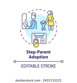 Icono de concepto multicolor de adopción de padres paso. Paso de la custodia de los hijos. Proceso legal de adopción. Certificado oficial. Ilustración de línea de forma redonda. Idea abstracta. Diseño gráfico. Fácil de usar