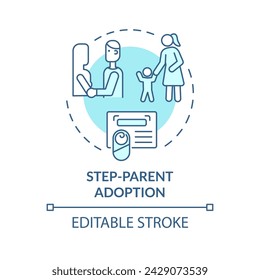 Icono de concepto azul suave de adopción de padres escalonados. Paso de la custodia de los hijos. Proceso legal de adopción. Certificado oficial. Ilustración de línea de forma redonda. Idea abstracta. Diseño gráfico. Fácil de usar