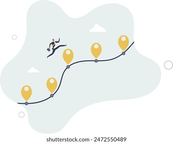 step planning or progress .businessman run on milestone location pin on business roadmap.flat vector illustration.