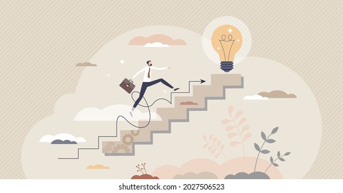 Step process, effective business progress or development tiny person concept. Businessman growth as climb for ambitions, achievements and goals vector illustration. Stairs obstacle and challenge scene