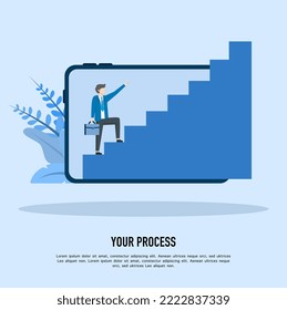 Step process, effective business progress or development, sustainable concept. Businessman walking up stairs inside tablet. way to achieve the goal.