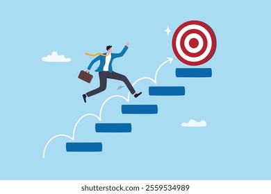 Step or progress to success and reach goal target, leadership to improve personal development, ladder or staircase to achieve goal, aspiration or career path, businessman run up stair to success.