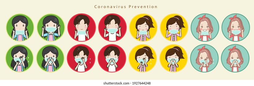 Step of putting on protective mask. Coronavirus (COVID-19) preventions.