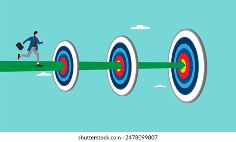 step to reach success or achievement, Short term, mid-term and long term goals, stages to achieve greater success, businessman running to short, medium and long term success target