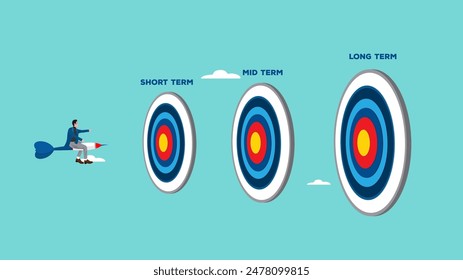 Paso para alcanzar el éxito o el logro, objetivos a corto plazo, mediano y largo plazo, etapas para lograr un mayor éxito, empresario cabalgando flecha de dardo a corto, Mediano y largo plazo objetivo de éxito