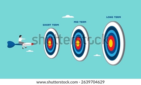step to reach success or achievement, Short term, mid-term and long term goals, stages to achieve greater success, business woman riding dart arrow to short, medium and long term success target