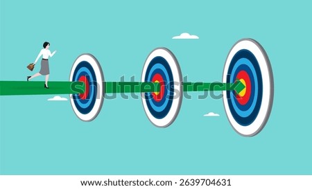 step to reach success or achievement, Short term, mid-term and long term goals, stages to achieve greater success, business woman running to short, medium and long term success target
