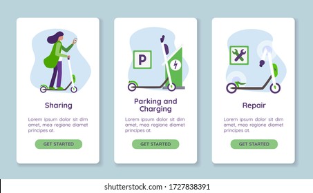 Step screens instructions for renting public eco electric scooter. Kick scooter sharing. Charging and parking. Repair after breakdown, accident. Mobile application screens. Vector templates for site.