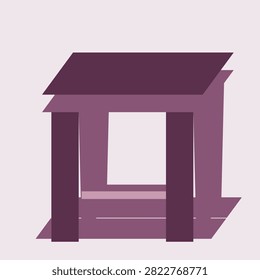Step stool drawn from a three quarter view in plum colours, showing the seat board, the plank legs and the foot rail, a flat geometric illustration for interior and furniture layouts.