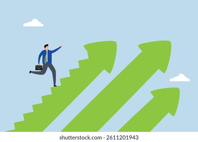 Step to success, businessman walk up arrow stair for victory.