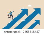 Step to success, improvement, challenge or career growth development, leadership progress, career path direction or stairway to win business concept, businessman walk up arrow stair for victory.