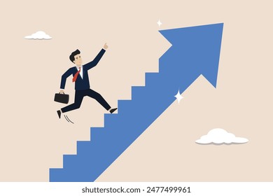 Step to success, leadership progress, career growth, stairway to win business concept, businessman walk up arrow stair for victory.