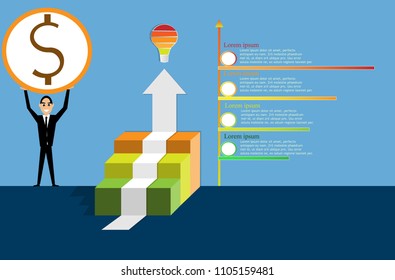 step to success pointing  go to white arrow, human business man holding money, business success step to step concept, vector art and illustration.