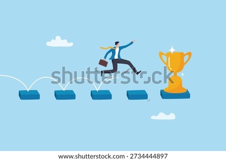 Step to success, way or route to reach career opportunity future, challenge to overcome to reach goal or achievement, confidence businessman jump on step to grab winning trophy successfully.