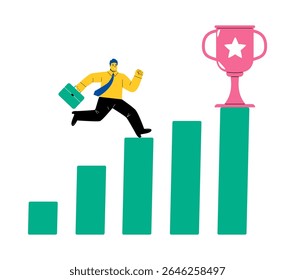 Step to successful. Business man runs to the winning cup. Flat vector illustration isolated on white background

