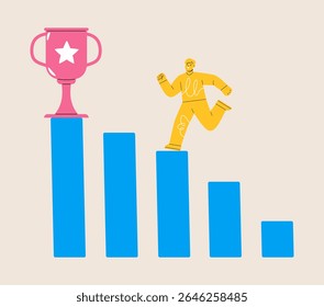 Step to successful. Man runs to the winning cup. Colorful vector illustration

