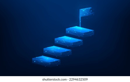 Schritt zu Ziel mit Fahne auf blauem, dunklem Hintergrund. Business Treppe zum Erfolg. Mission-Komplettkonzept. Vektorgrafik fantastisches Low-Poly-Wireframe-Design.