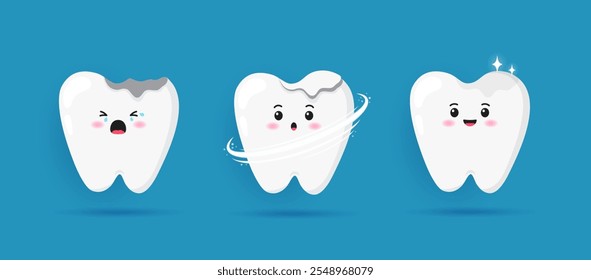 Etapa de preenchimento de dentes conceito. Caracteres bonitos de dente rachado, preenchimento de cavidade e inteiro. Tratamento de cáries e reparo do esmalte. Cuidados dentários e design de higiene oral. Ilustração de desenho animado plano