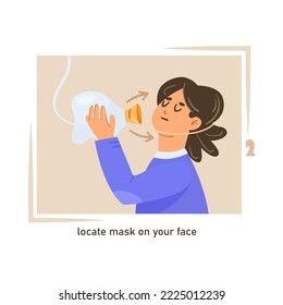 Step three of putting on oxygen mask cartoon illustration. Instruction on how to use oxygen mask, locating mask on face. Airplane, instruction, emergency concept.
