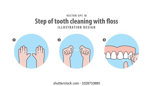 Paso de limpieza dental con el vector de ilustración flotante sobre fondo azul. Concepto dental.