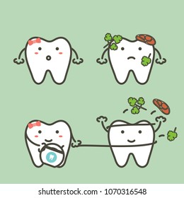 step of tooth cleaning food stuck in teeth by floss to protection decay tooth, before and after - dental cartoon vector flat style cute character for design