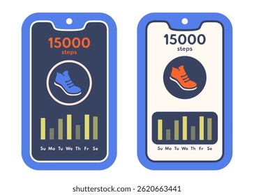 Rastreamento de etapa. Conjunto de telefones celulares com aplicativo pedômetro. Contador de passos no Smartphone. Tela Smartphone com ícone do rastreador de atividades. Notificação. Conceito de bem-estar. Ilustração vetorial