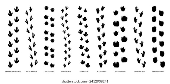 Step tracks dinosaur trails. Dino paw footprint, wild ancient animal, predator trace footstep, walking reptile step, lizard trail feet, silhouette paw prints vector set. Jurassic period creatures