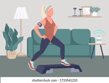 Step ups exercise flat color vector illustration. Sportswoman working out at home 2D cartoon character with living room on background. Workout on self isolation, quarantine fitness. Healthy lifestyle
