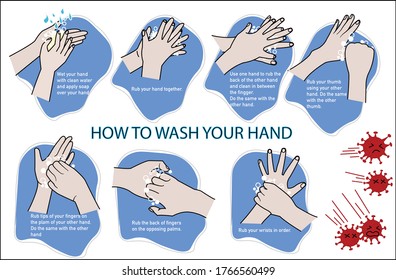  para lavarse la mano con burbujas coloridas y el vector del coronavirus rojo. cómo limpiar la mano para protegerla del virus en la vida diaria.
