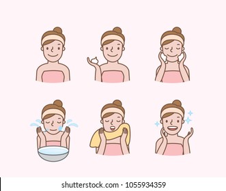 Step of Washing face illustration vector on pink background. Beauty concept.