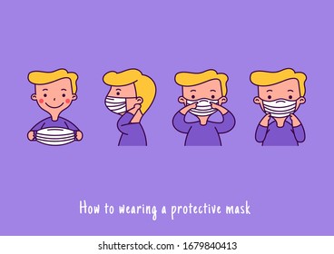 Step wearing a hygiene protective mask to protect COVID19 virus and pm 2.5-Vector Illustration