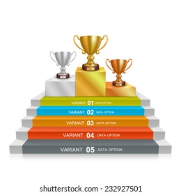 Step winner cup, Gold, Silver and Bronze Trophy Cup on prize podium. First place award. Champions or winners Infographic elements. Vector illustration.
