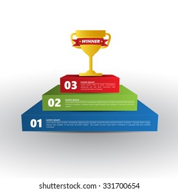 Step Winner, Goal Cup Concept to Be Successful in Business, Colored Rectangular Prism 3D with Number and  Text Information, 3 Options, Vector Illustration