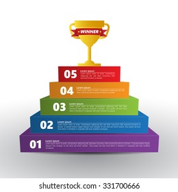 Step Winner, Goal Cup Concept to Be Successful in Business, Colored Rectangular Prism 3D with Number and  Text Information, 5 Options, Vector Illustration