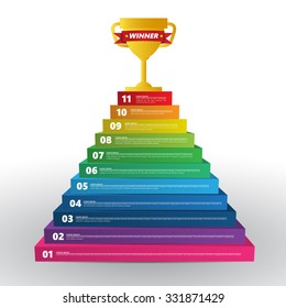 Step Winner, Goal Cup Concept to Be Successful in Business, Colored Rectangular Prism 3D with Number and  Text Information, 11 Options, Vector Illustration
