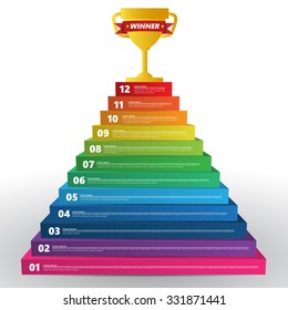 Step Winner, Goal Cup Concept to Be Successful in Business, Colored Rectangular Prism 3D with Number and  Text Information, 12 Options, Vector Illustration