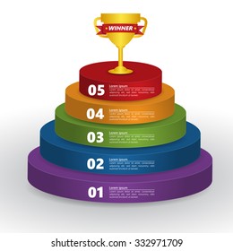 Step Winner, Goal Cup Concept to Be Successful in Business, Colored Podium 3D with Number and Text Information, 5 Options, Vector Illustration