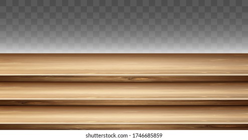 Holztisch oben, 3-stufiger Display-Stand. Vector realistische Mockup von leeren Holzregalen für Präsentations-, Präsentations- oder Werbeprodukte. Podium aus Holz, isoliert auf transparentem Hintergrund