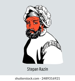 Stepan Razin - Don Cossack, ataman of the Don Army, leader of the uprising of 1667-1671, the largest in the history of pre-Petrine Russia. Hand drawn vector illustration