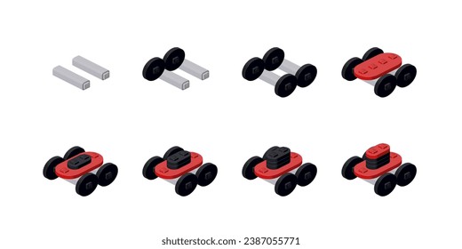 Step-by-step assembly of a red lawn mower. Vector
